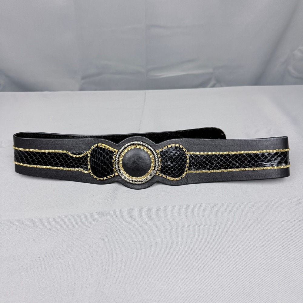 Eunice Carter Austria Handmade Black Leather Snakeskin Gold Chain Belt 80